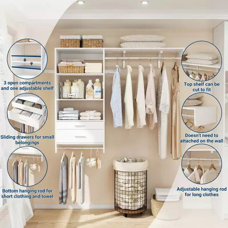 Besiost Closet Organizer System with Wood Drawers, Wall-mounted Laundry Room Storage Shelving