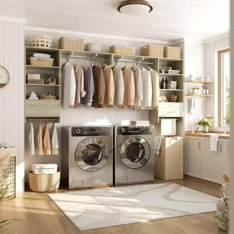 Besiost Closet Organizer System with Wood Drawers, Wall-mounted Laundry Room Storage Shelving