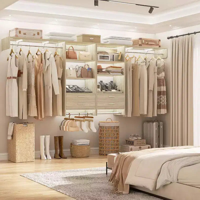Besiost Closet Organizer System with Wood Drawers, Wall-mounted Laundry Room Storage Shelving