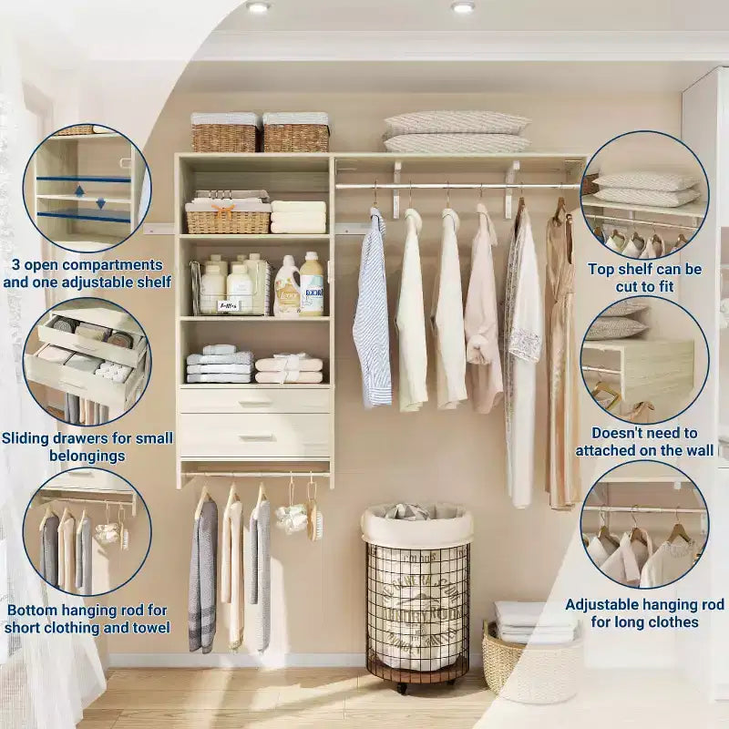 Besiost Closet Organizer System with Wood Drawers, Wall-mounted Laundry Room Storage Shelving