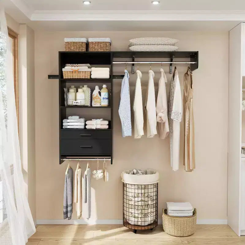 Besiost Closet Organizer System with Wood Drawers, Wall-mounted Laundry Room Storage Shelving