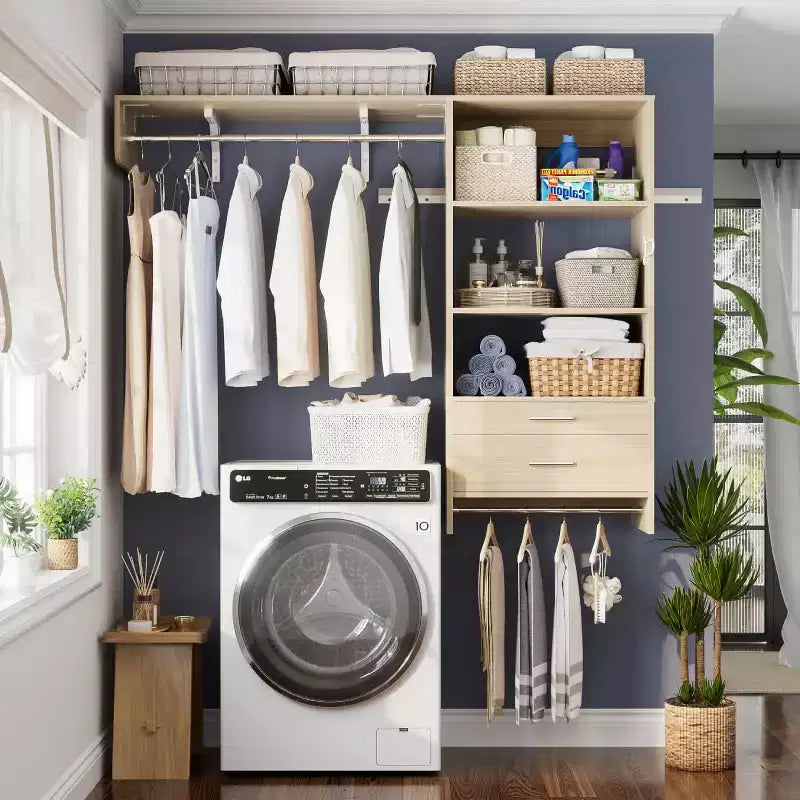 Besiost Closet Organizer System with Wood Drawers, Wall-mounted Laundry Room Storage Shelving