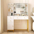 Modern Makeup Vanity Desk with Lighted Mirror - 3 Drawers & Storage Cabinet & Power Outlet - Dressing Table for Bedroom