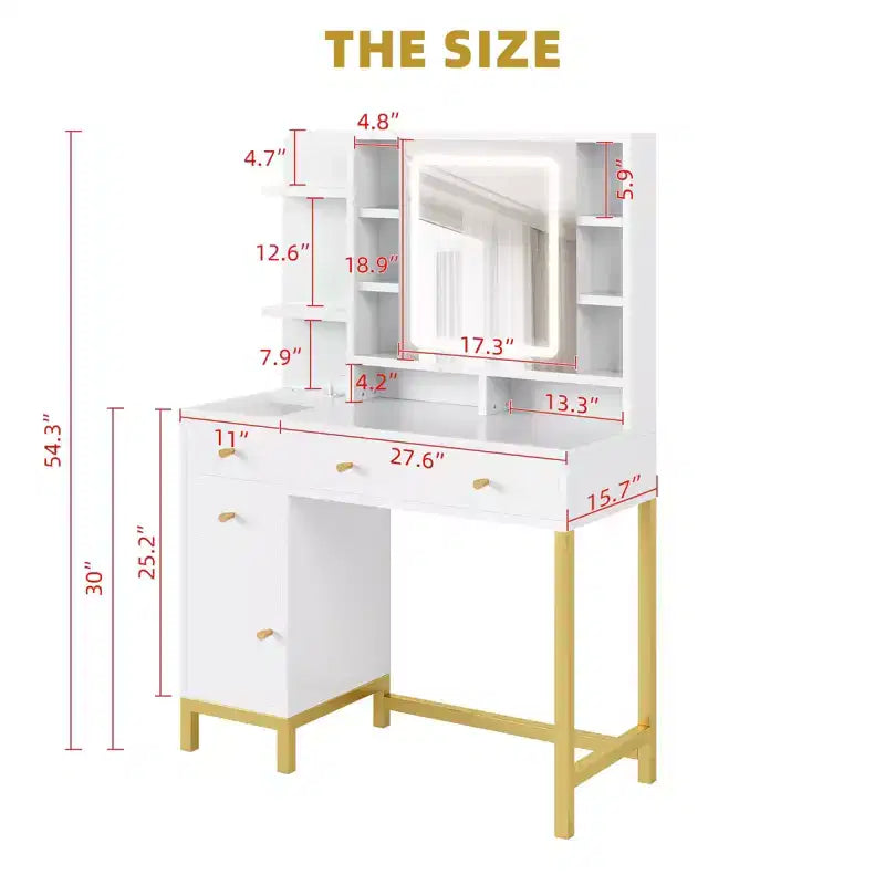 Modern Makeup Vanity Desk with Lighted Mirror - 3 Drawers & Storage Cabinet & Power Outlet - Dressing Table for Bedroom