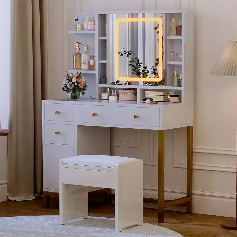 Modern Makeup Vanity Desk with Lighted Mirror - 3 Drawers & Storage Cabinet & Power Outlet - Dressing Table for Bedroom