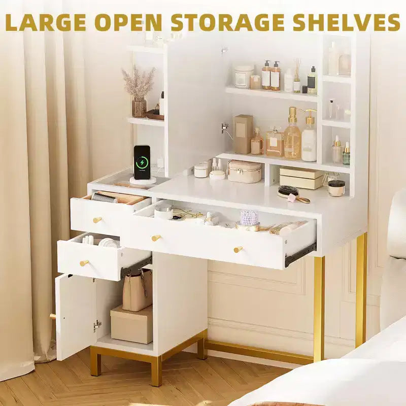 Modern Makeup Vanity Desk with Lighted Mirror - 3 Drawers & Storage Cabinet & Power Outlet - Dressing Table for Bedroom