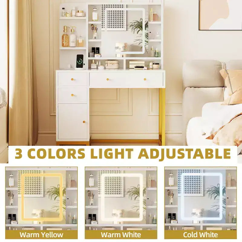 Modern Makeup Vanity Desk with Lighted Mirror - 3 Drawers & Storage Cabinet & Power Outlet - Dressing Table for Bedroom