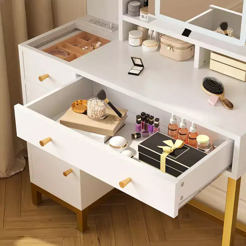 Modern Makeup Vanity Desk with Lighted Mirror - 3 Drawers & Storage Cabinet & Power Outlet - Dressing Table for Bedroom