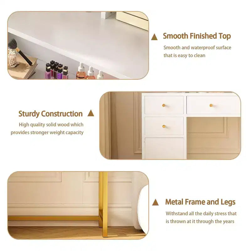 Modern Makeup Vanity Desk with Lighted Mirror - 3 Drawers & Storage Cabinet & Power Outlet - Dressing Table for Bedroom