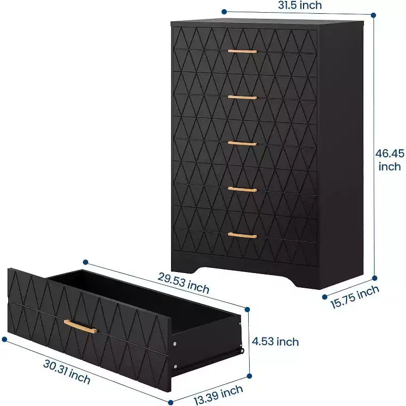 5 Drawer Tall Wood Dresser for Bedroom, Wooden Chest of Drawers with Gold Handles for Closet, Storage Cabinet and Organizer Drawers for Living Room