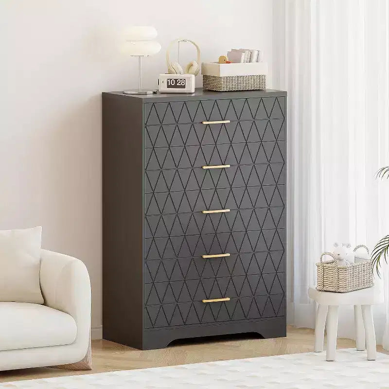 5 Drawer Tall Wood Dresser for Bedroom, Wooden Chest of Drawers with Gold Handles for Closet, Storage Cabinet and Organizer Drawers for Living Room
