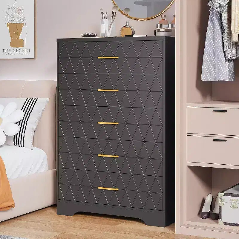 5 Drawer Tall Wood Dresser for Bedroom, Wooden Chest of Drawers with Gold Handles for Closet, Storage Cabinet and Organizer Drawers for Living Room