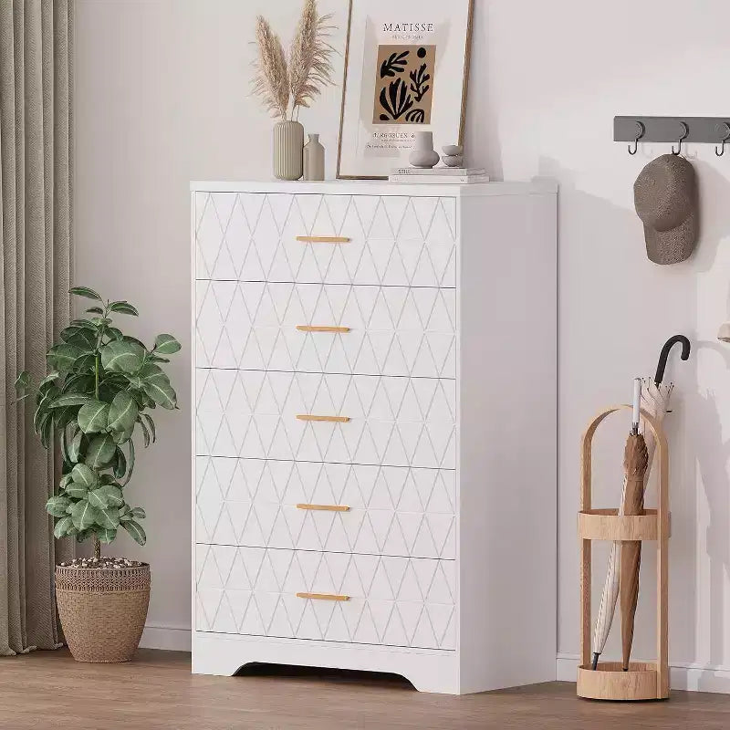 5 Drawer Tall Wood Dresser for Bedroom, Wooden Chest of Drawers with Gold Handles for Closet, Storage Cabinet and Organizer Drawers for Living Room
