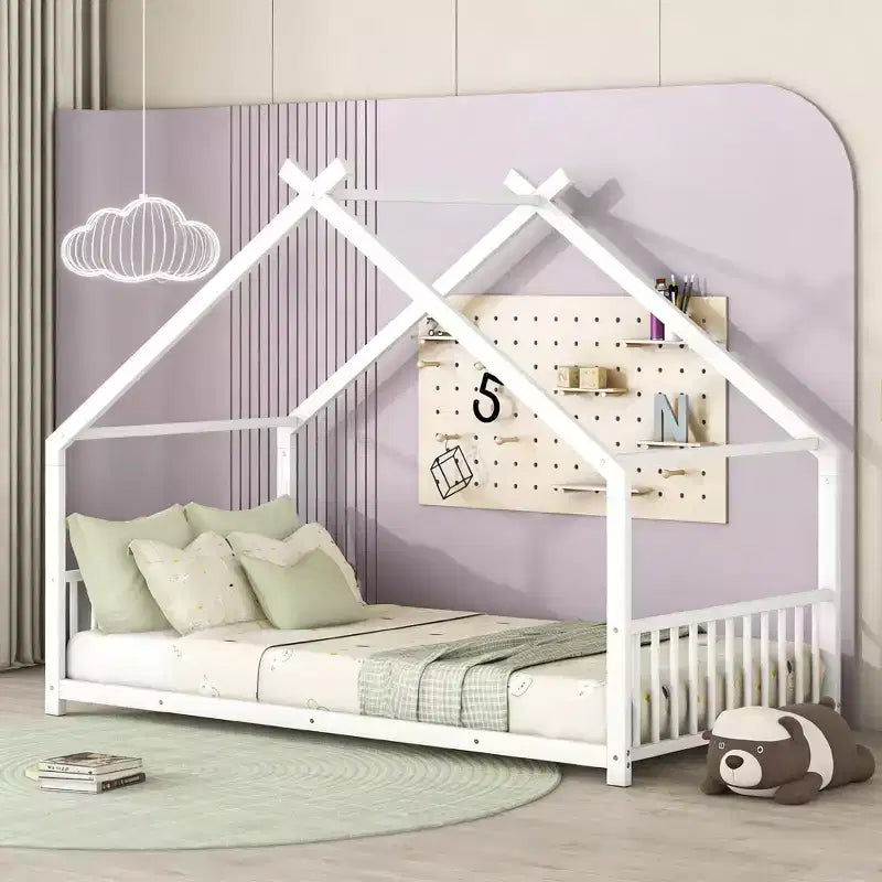 Luxystar Metal House Bed with Roof for Kids Room