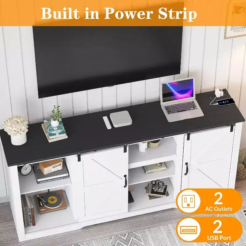 Acekool 70 Farmhouse TV Stand for TVs up to 80, Dark Grey, Sliding Barn Door Entertainment Center with Adjustable Shelves for Living Room