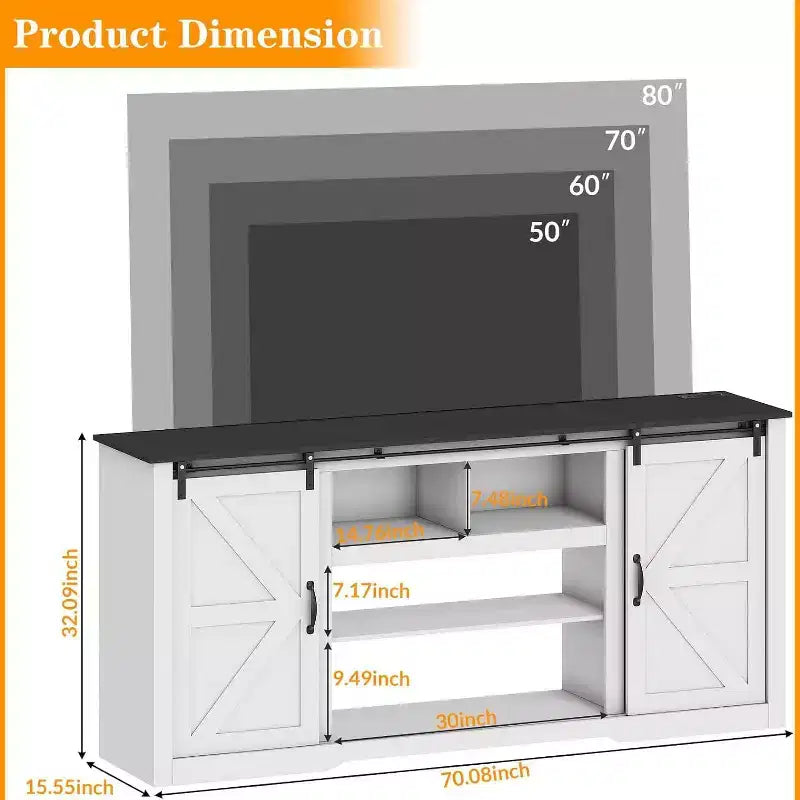 Acekool 70 Farmhouse TV Stand for TVs up to 80, Dark Grey, Sliding Barn Door Entertainment Center with Adjustable Shelves for Living Room
