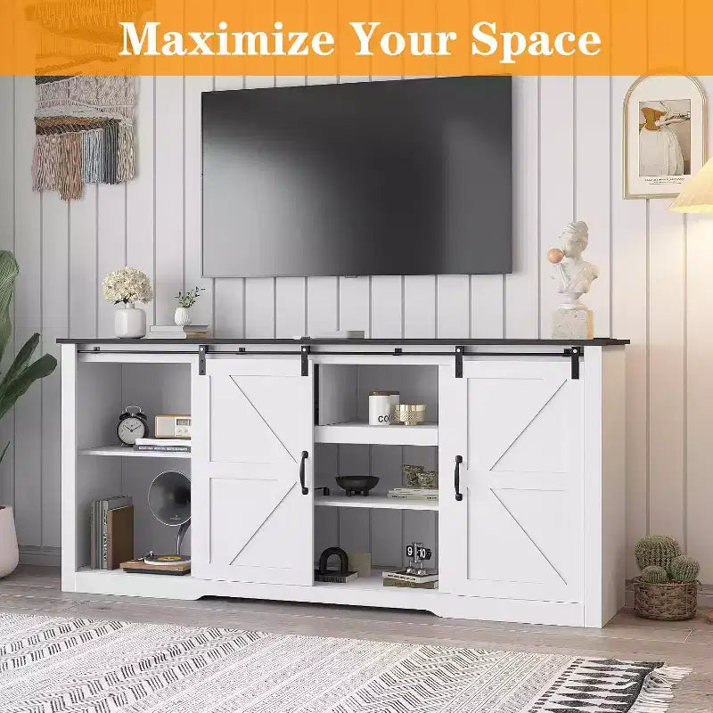 Acekool 70 Farmhouse TV Stand for TVs up to 80, Dark Grey, Sliding Barn Door Entertainment Center with Adjustable Shelves for Living Room