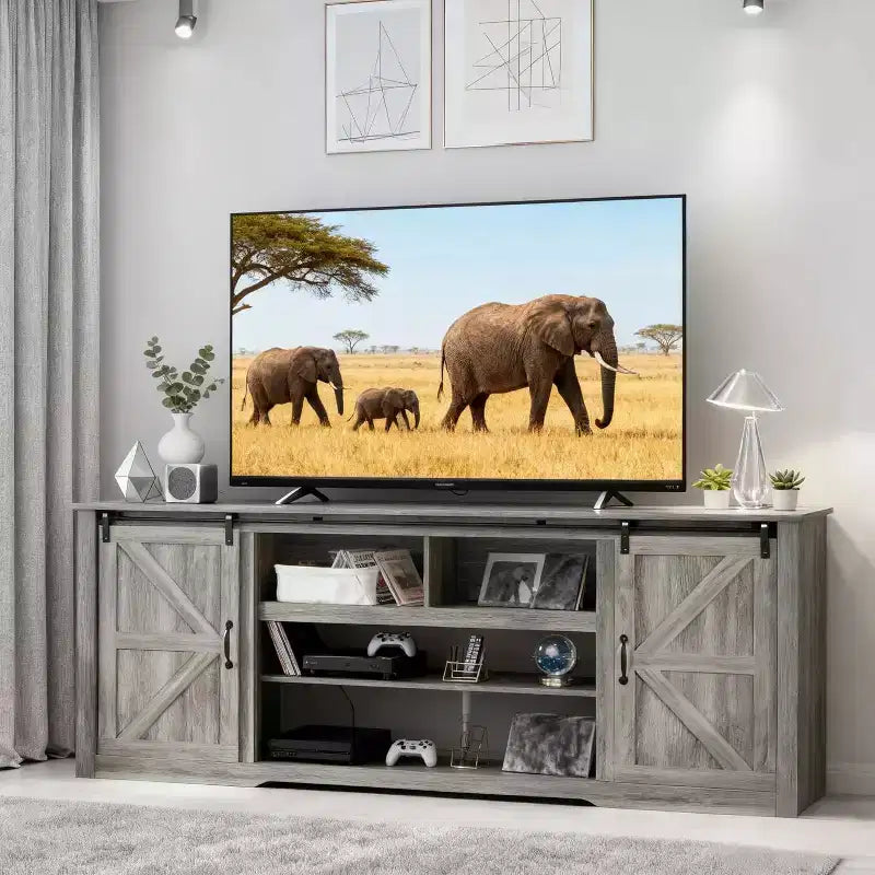 Acekool 70 Farmhouse TV Stand for TVs up to 80, Dark Grey, Sliding Barn Door Entertainment Center with Adjustable Shelves for Living Room