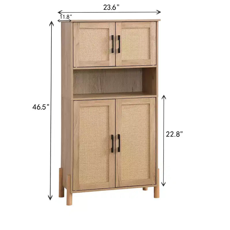 Modern 4-Door Storage Cabinet with Woven Rattan Doors & Adjustable Shelves for Living Room & Dining Room Natural