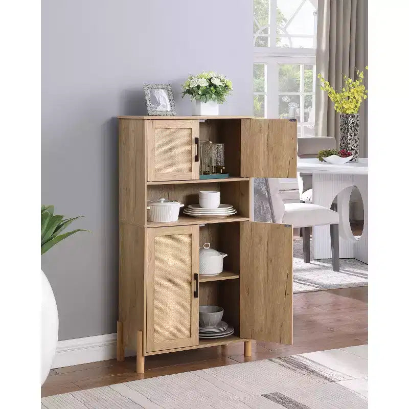Modern 4-Door Storage Cabinet with Woven Rattan Doors & Adjustable Shelves for Living Room & Dining Room Natural