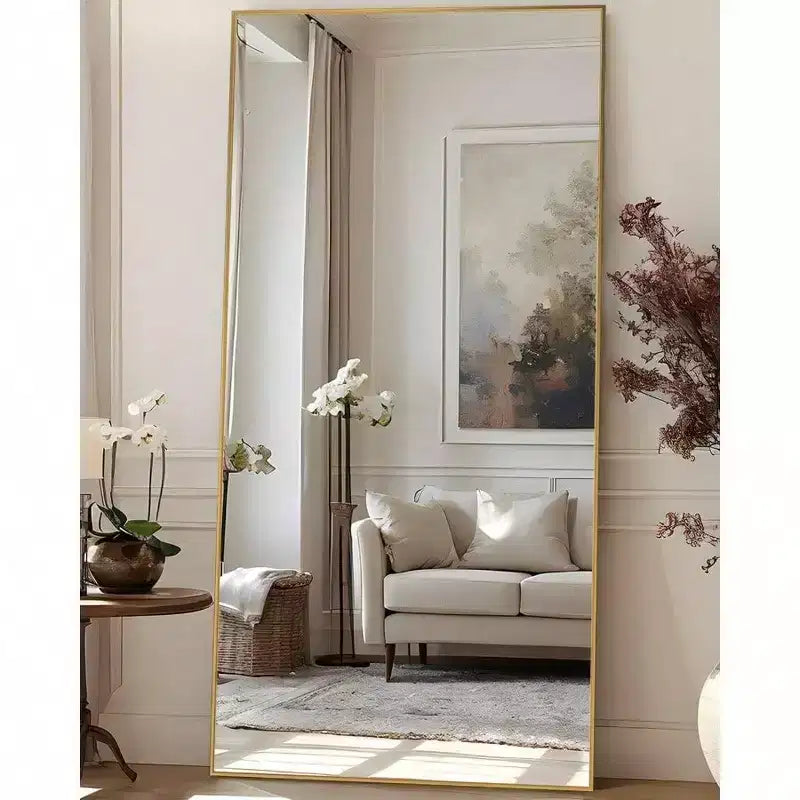 83x44 Gold Rectangular Full Length Mirror. Includes Stand for Freestanding or Wall Mounted Use in Any Room