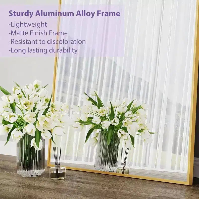 83x44 Gold Rectangular Full Length Mirror. Includes Stand for Freestanding or Wall Mounted Use in Any Room
