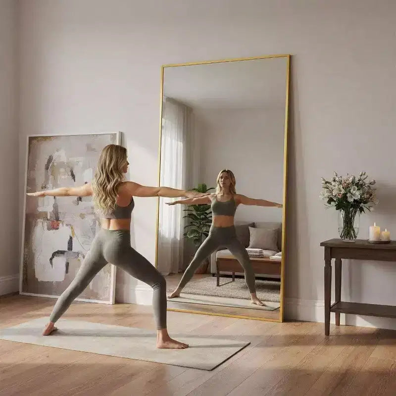 83x44 Gold Rectangular Full Length Mirror. Includes Stand for Freestanding or Wall Mounted Use in Any Room