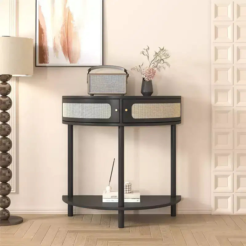 Half Moon End Table with Sliding Rattan Door, Semi-circle Entryway Console Table with Bottom Shelf for Living room Bedroom Study Hallway, Black