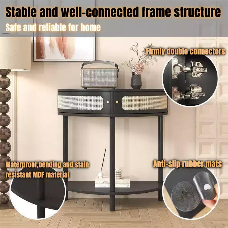 Half Moon End Table with Sliding Rattan Door, Semi-circle Entryway Console Table with Bottom Shelf for Living room Bedroom Study Hallway, Black