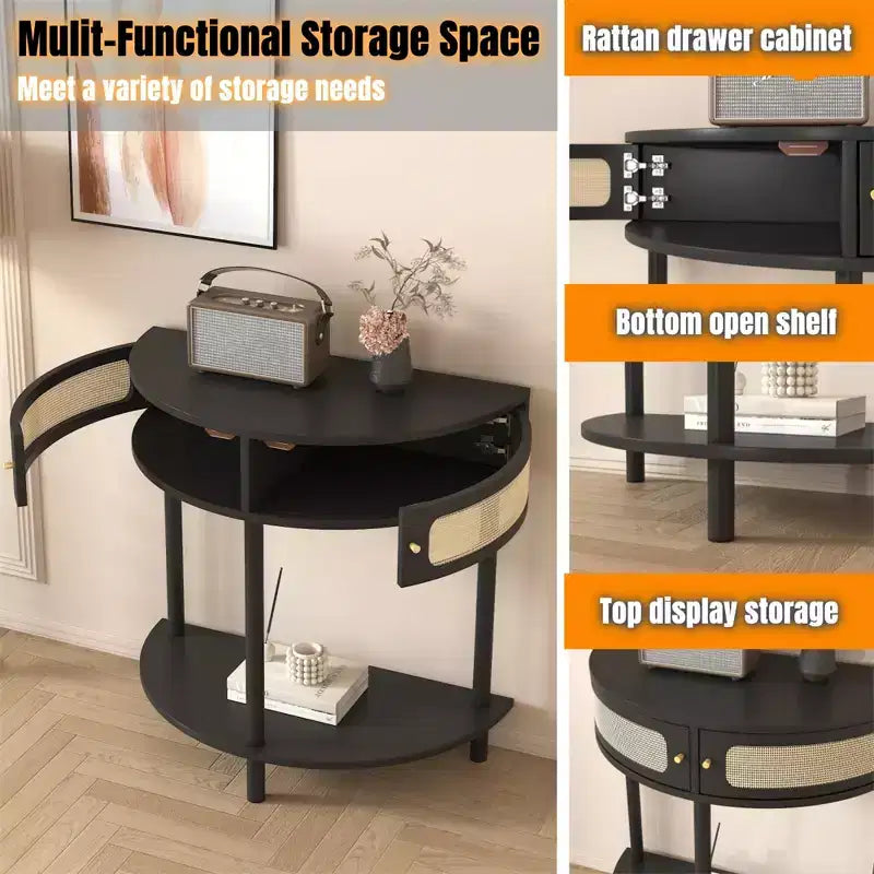 Half Moon End Table with Sliding Rattan Door, Semi-circle Entryway Console Table with Bottom Shelf for Living room Bedroom Study Hallway, Black