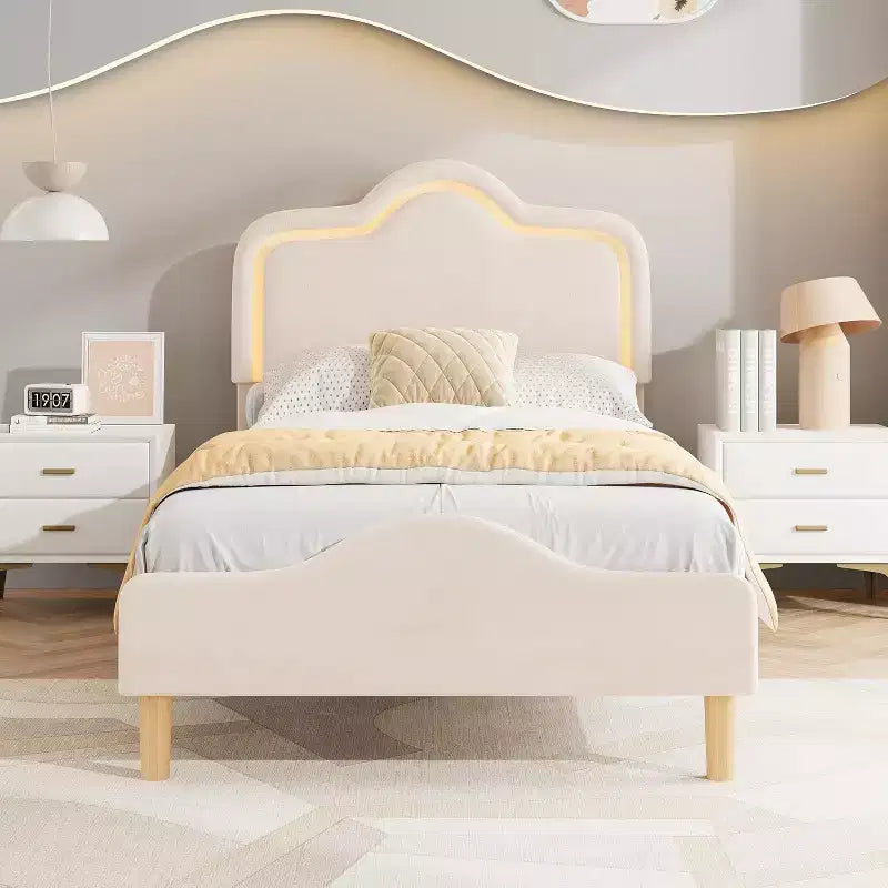 Twin Size Bed Frame, Headboard and Footboard, Velvet Upholstered Princess Platform Bedframe for Kids, Wooden Slats Support, No Box Spring Needed