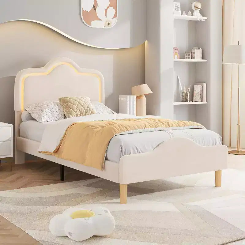 Twin Size Bed Frame, Headboard and Footboard, Velvet Upholstered Princess Platform Bedframe for Kids, Wooden Slats Support, No Box Spring Needed