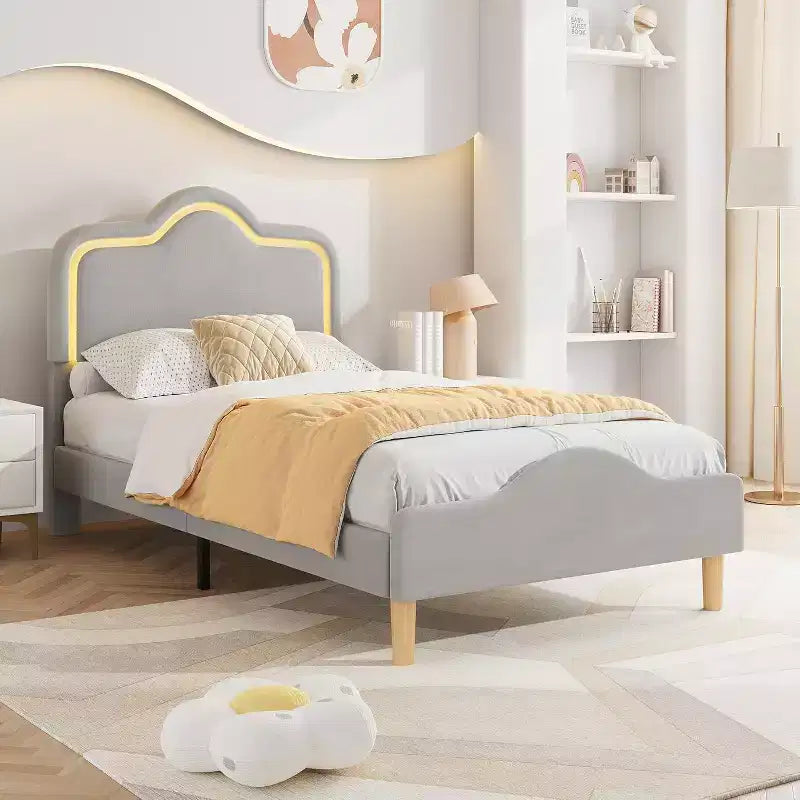 Twin Size Bed Frame, Headboard and Footboard, Velvet Upholstered Princess Platform Bedframe for Kids, Wooden Slats Support, No Box Spring Needed