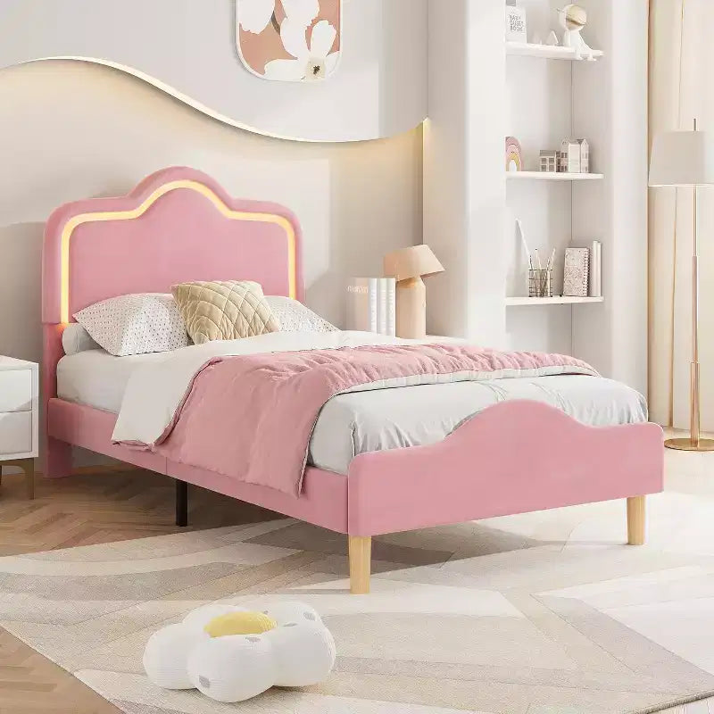 Twin Size Bed Frame, Headboard and Footboard, Velvet Upholstered Princess Platform Bedframe for Kids, Wooden Slats Support, No Box Spring Needed