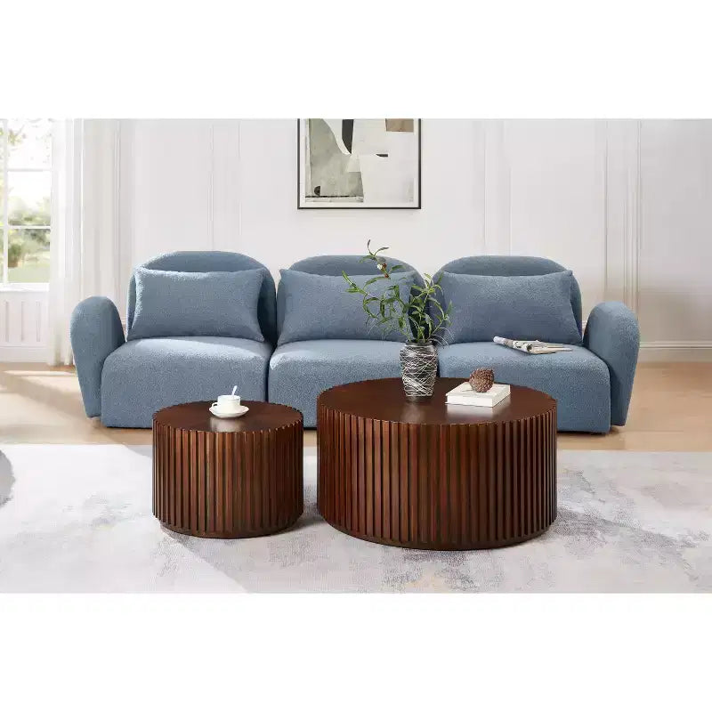 EHMKNP Nesting Coffee Table Set of 2  Handcrafted Round Drum Coffee Table & Matching Small End Table