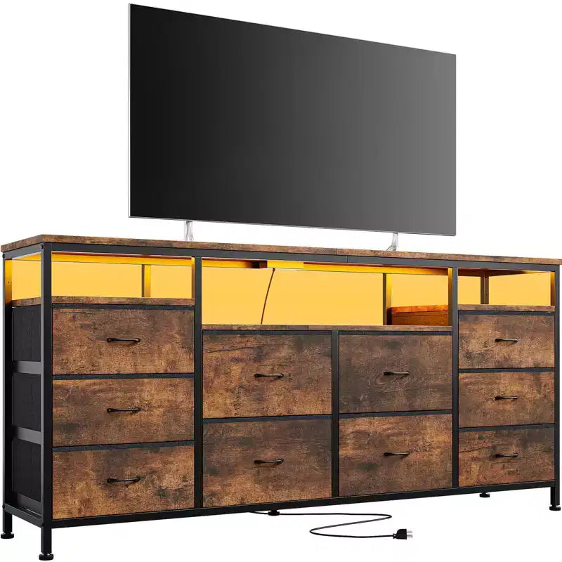 10 Drawer Dresser TV Stand for 75TV, 63 W Long Fabric Entertainment Center, Chest of Drawers Dresser for Bedroom with Led Lights & Power Outlets