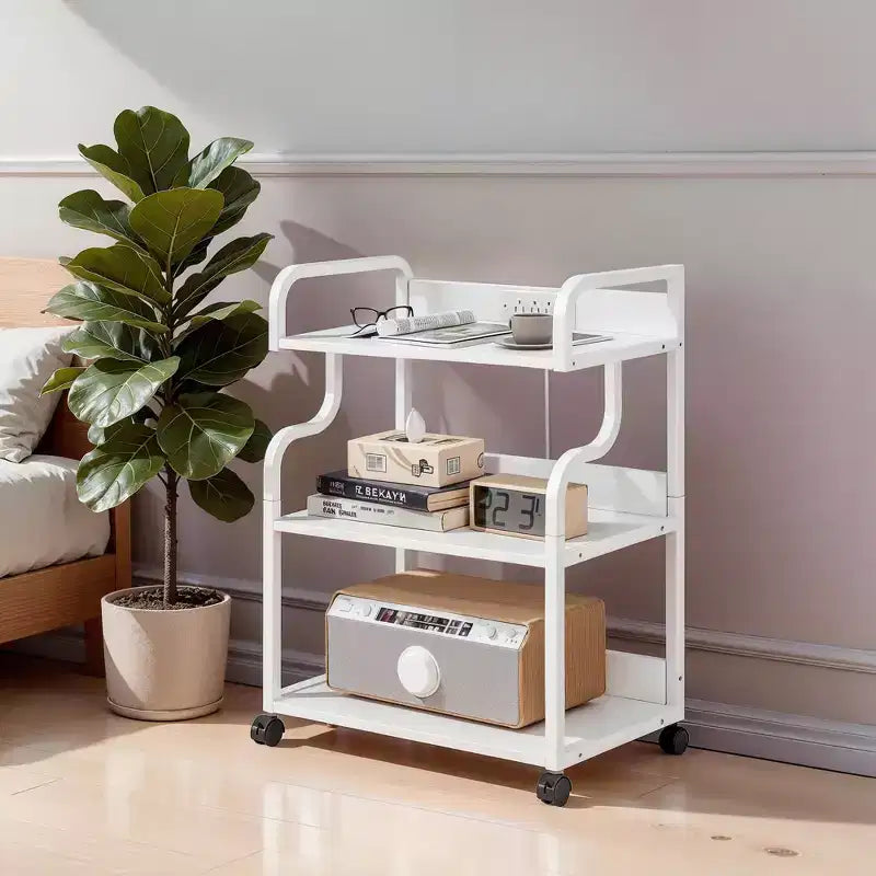 VECELO 3-Tier Storage Cabinet, Large Printer Stand with Charging Station, Rolling Storage Cart with Wheels for Office or Living Room, White