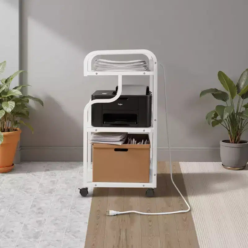 VECELO 3-Tier Storage Cabinet, Large Printer Stand with Charging Station, Rolling Storage Cart with Wheels for Office or Living Room, White
