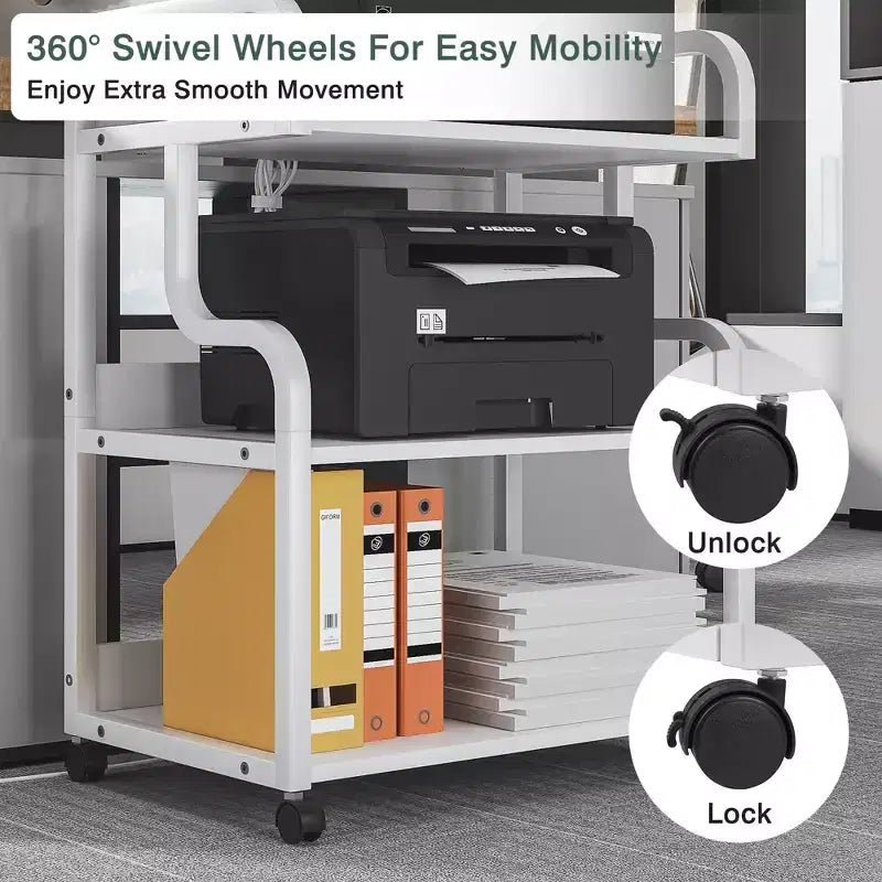VECELO 3-Tier Storage Cabinet, Large Printer Stand with Charging Station, Rolling Storage Cart with Wheels for Office or Living Room, White