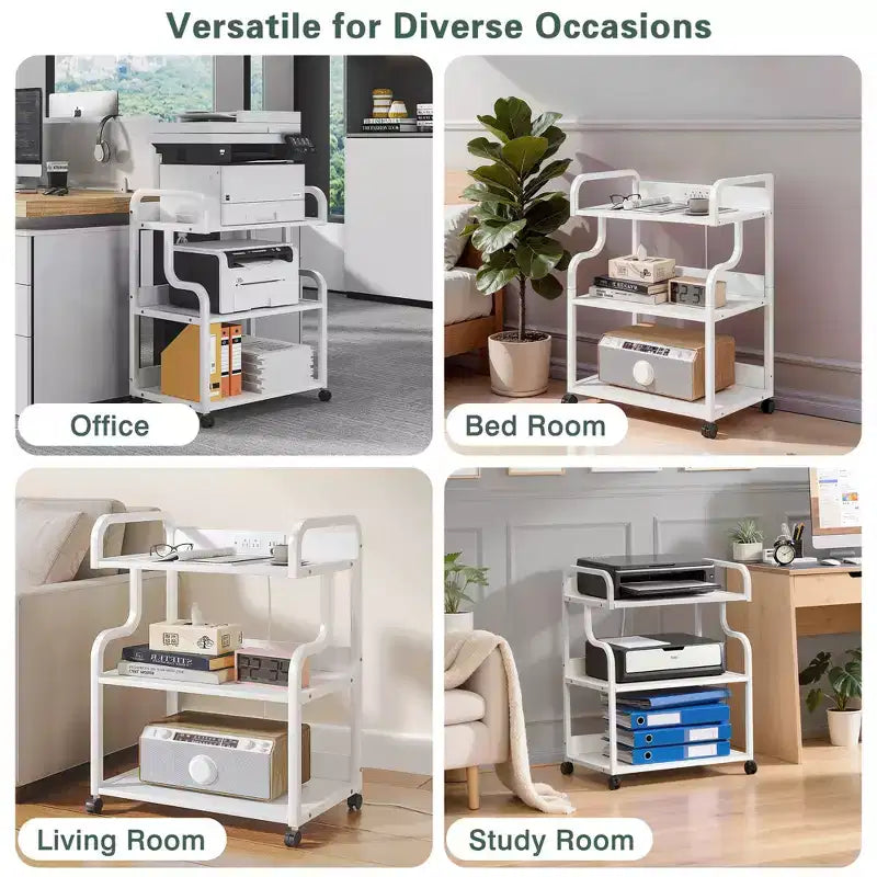VECELO 3-Tier Storage Cabinet, Large Printer Stand with Charging Station, Rolling Storage Cart with Wheels for Office or Living Room, White