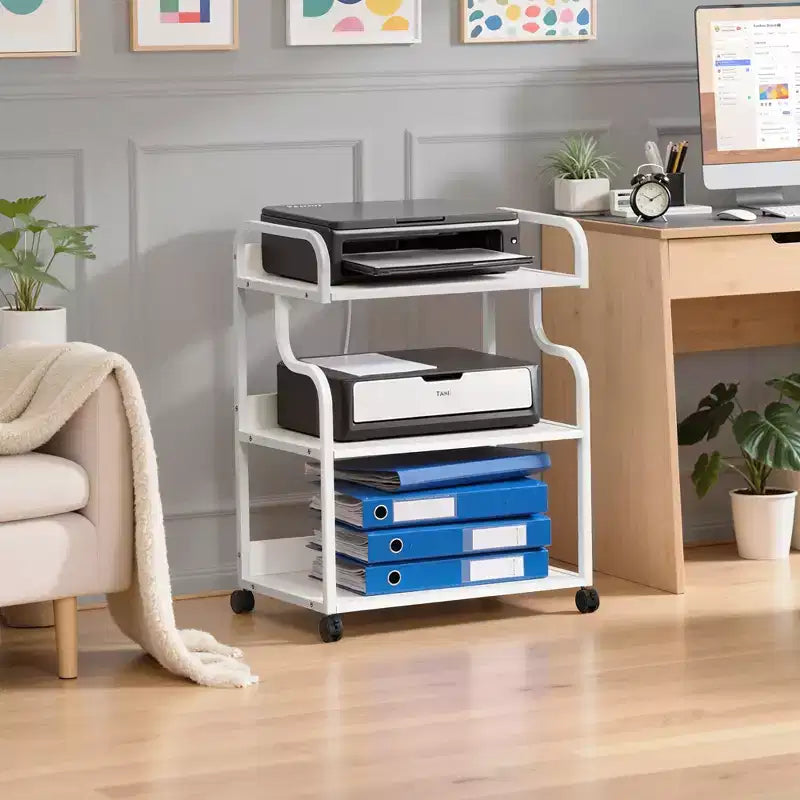 VECELO 3-Tier Storage Cabinet, Large Printer Stand with Charging Station, Rolling Storage Cart with Wheels for Office or Living Room, White