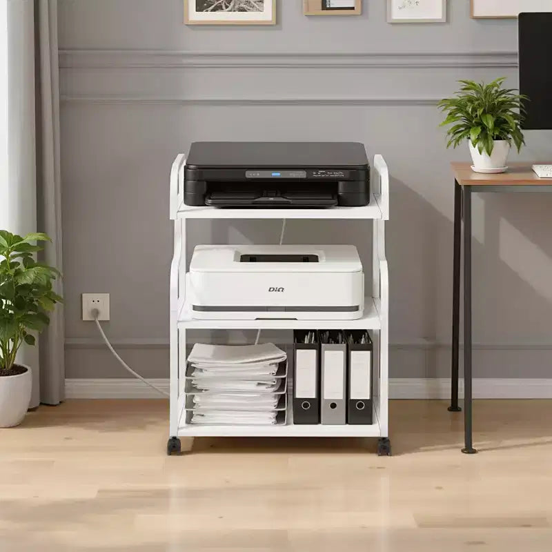 VECELO 3-Tier Storage Cabinet, Large Printer Stand with Charging Station, Rolling Storage Cart with Wheels for Office or Living Room, White