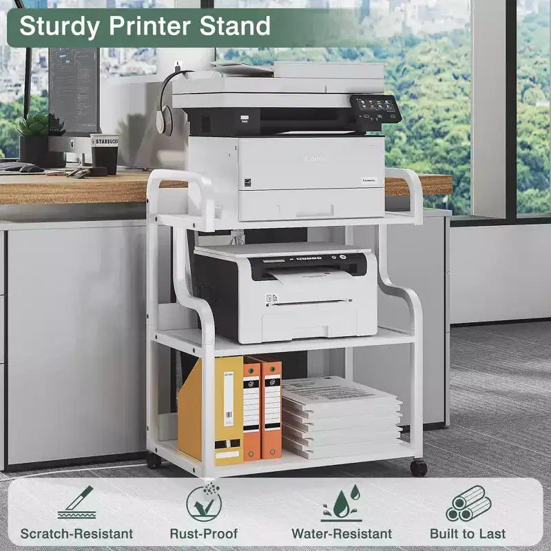 VECELO 3-Tier Storage Cabinet, Large Printer Stand with Charging Station, Rolling Storage Cart with Wheels for Office or Living Room, White