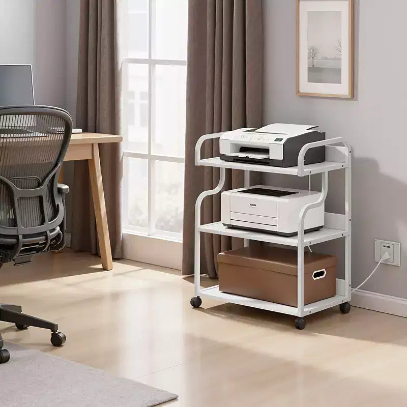 VECELO 3-Tier Storage Cabinet, Large Printer Stand with Charging Station, Rolling Storage Cart with Wheels for Office or Living Room, White