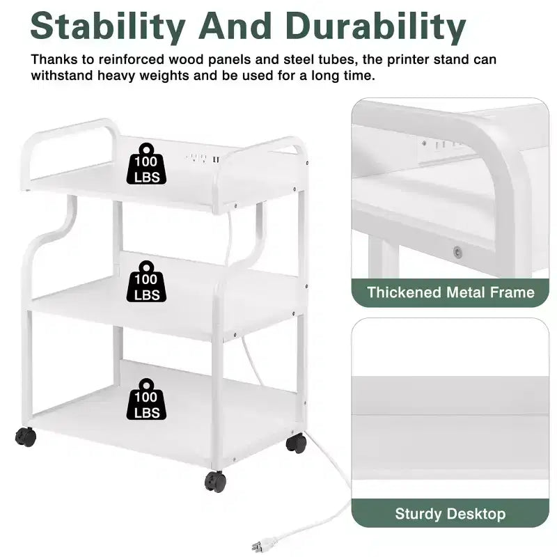 VECELO 3-Tier Storage Cabinet, Large Printer Stand with Charging Station, Rolling Storage Cart with Wheels for Office or Living Room, White