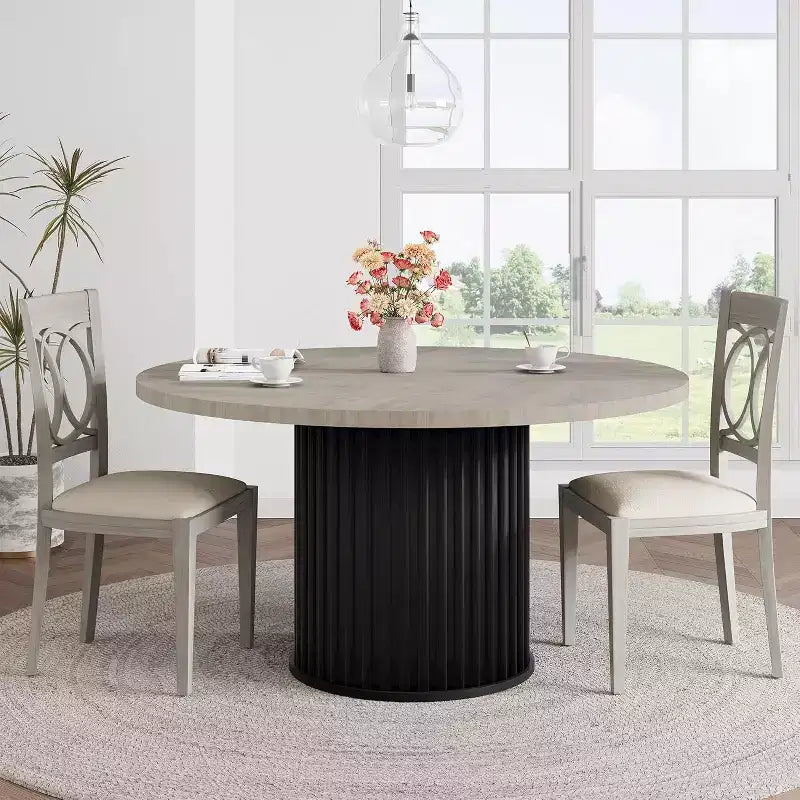 Acekool 47 Round Dining Table for 4-6, Industrial Kitchen Table with Waveform Metal Pedestal Base for Dining Room