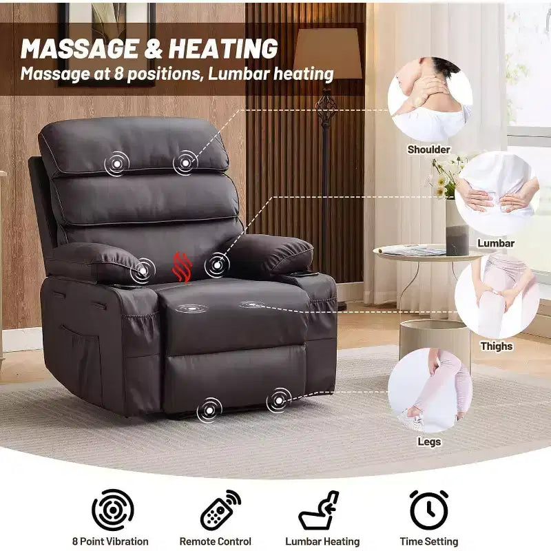 Acekool Power Recliner Chair PU, Wide Seat Massage Heat Electric Recliner with Cup Holder for Bedroom