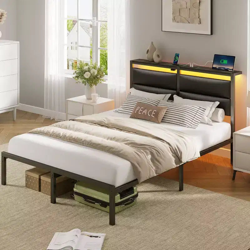 Greenstell Platform Bed with Upholstere Headboard and Charging Station, Corduroy Upholstered Bed Frame with LED Lights