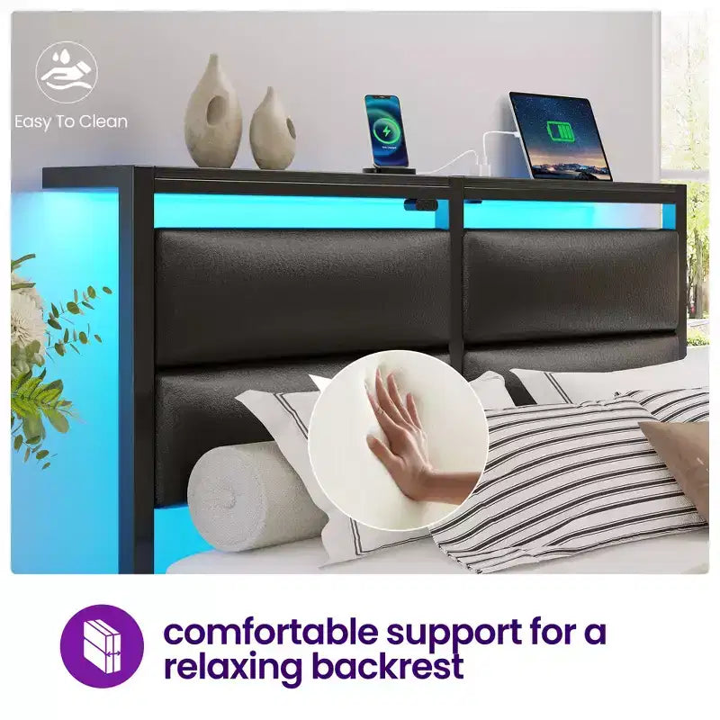 Greenstell Platform Bed with Upholstere Headboard and Charging Station, Corduroy Upholstered Bed Frame with LED Lights