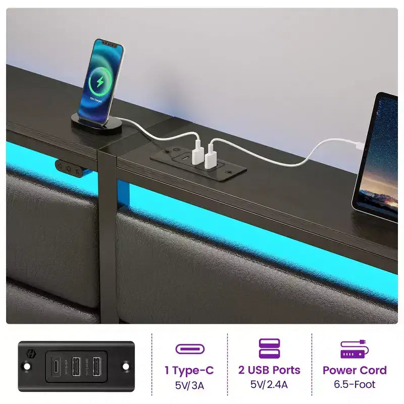 Greenstell Platform Bed with Upholstere Headboard and Charging Station, Corduroy Upholstered Bed Frame with LED Lights